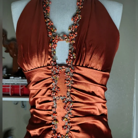 Free Sterling W/ Purch Jessica McClintock Gown Dress Burnt Rust Orange Beading 8 - Picture 5 of 13